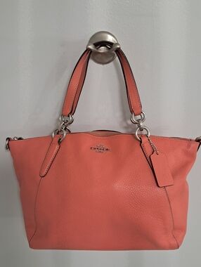 Coach Coral-Peach Pebbled Leather Satchel with Silver Hardware
